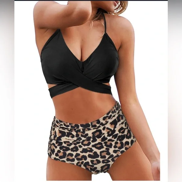 Women Cross Wrap Halter Bikini Set High Waisted Push Up Two Piece Swimsuits XL - Picture 1 of 6